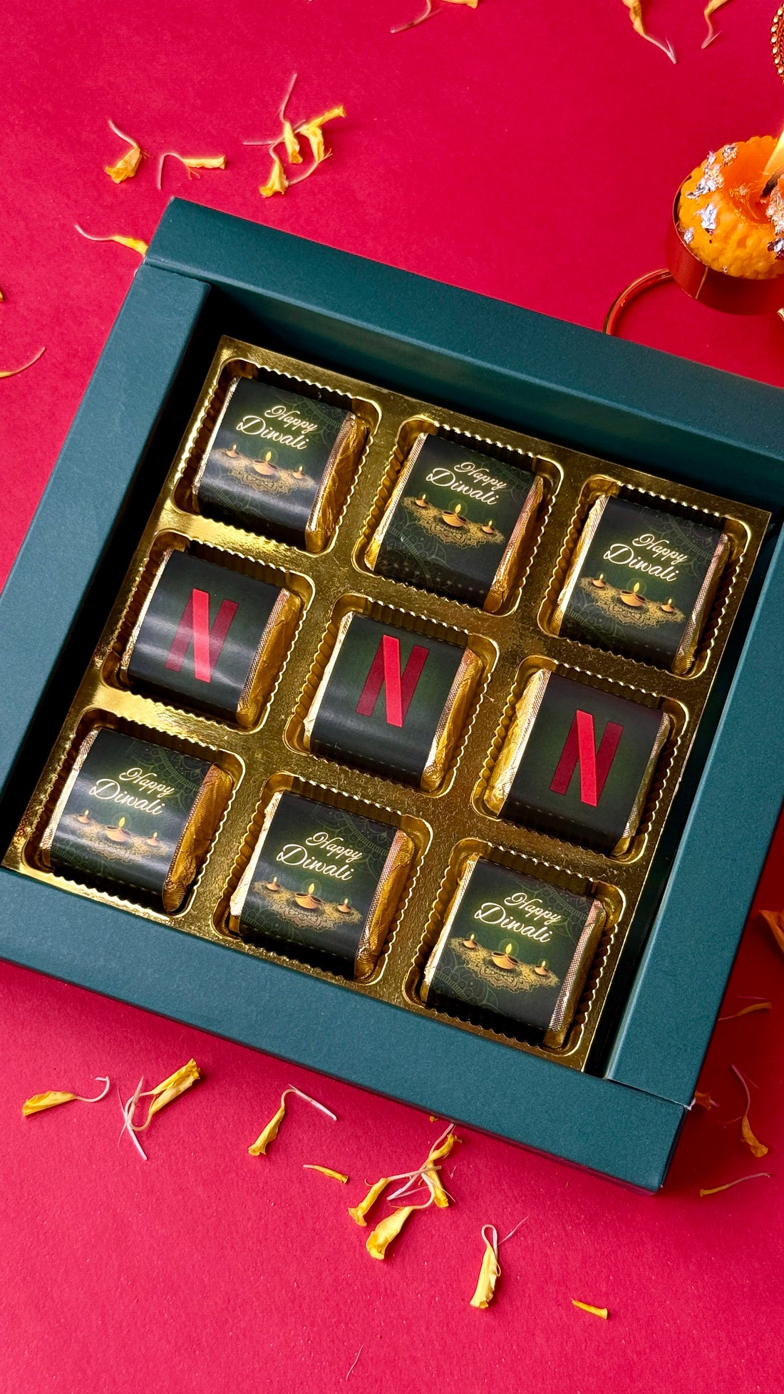 Customised Green Happy Diwali Box (9 pcs)