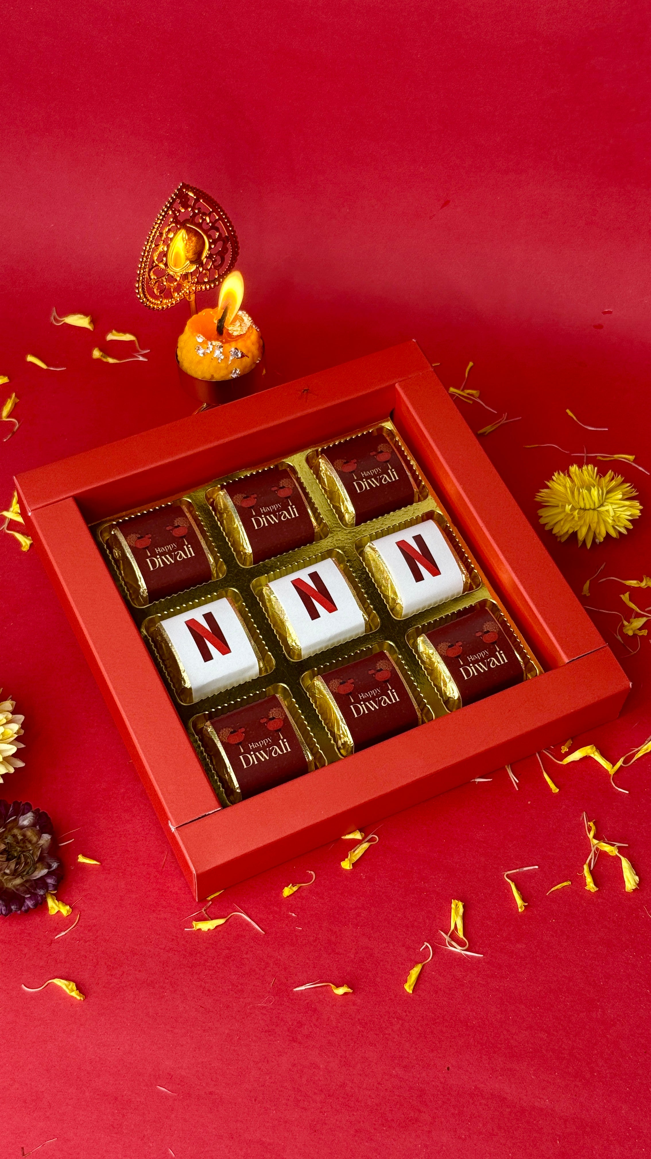 Customised Red Happy Diwali Box (9 pcs)