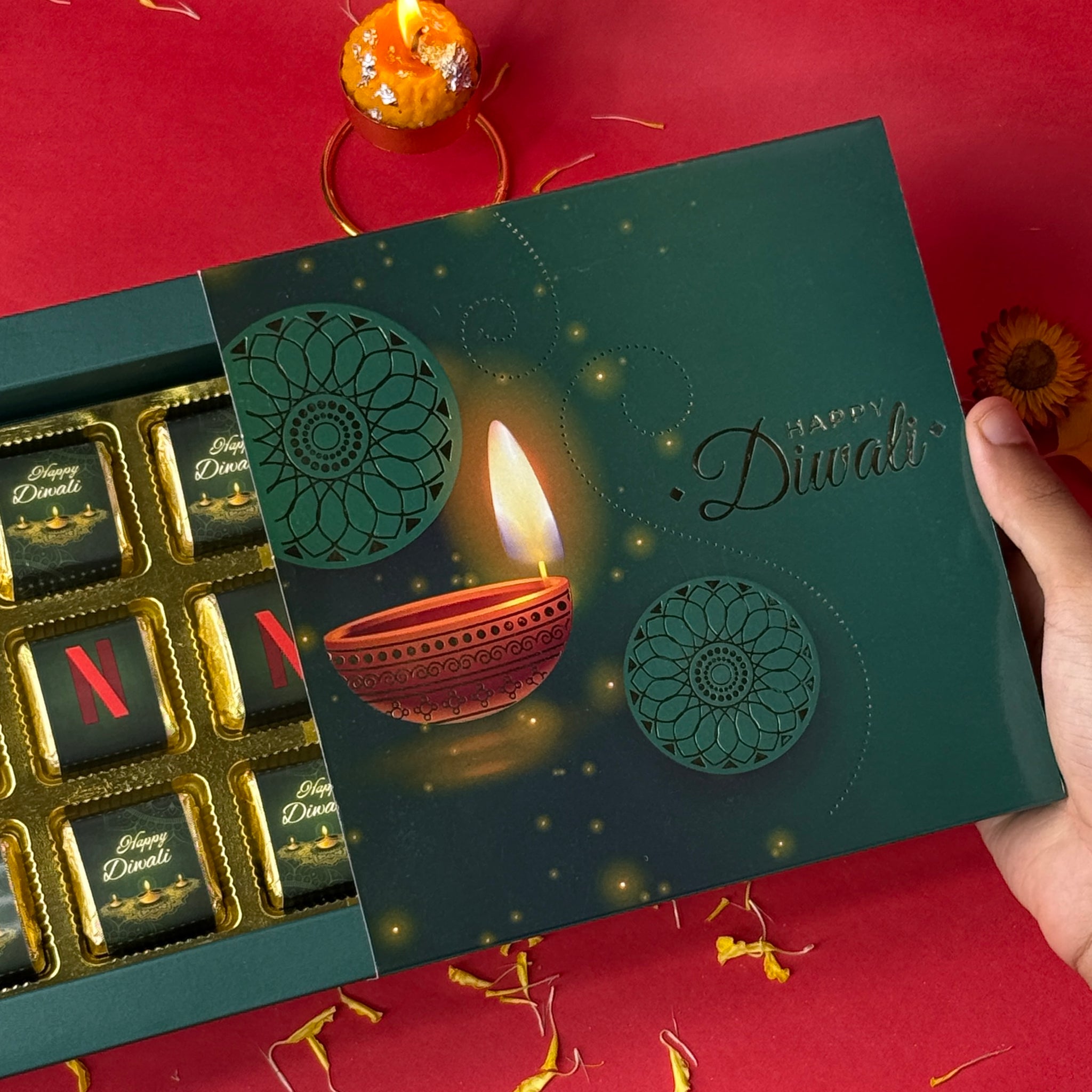 Customised Green Happy Diwali Box (9 pcs)