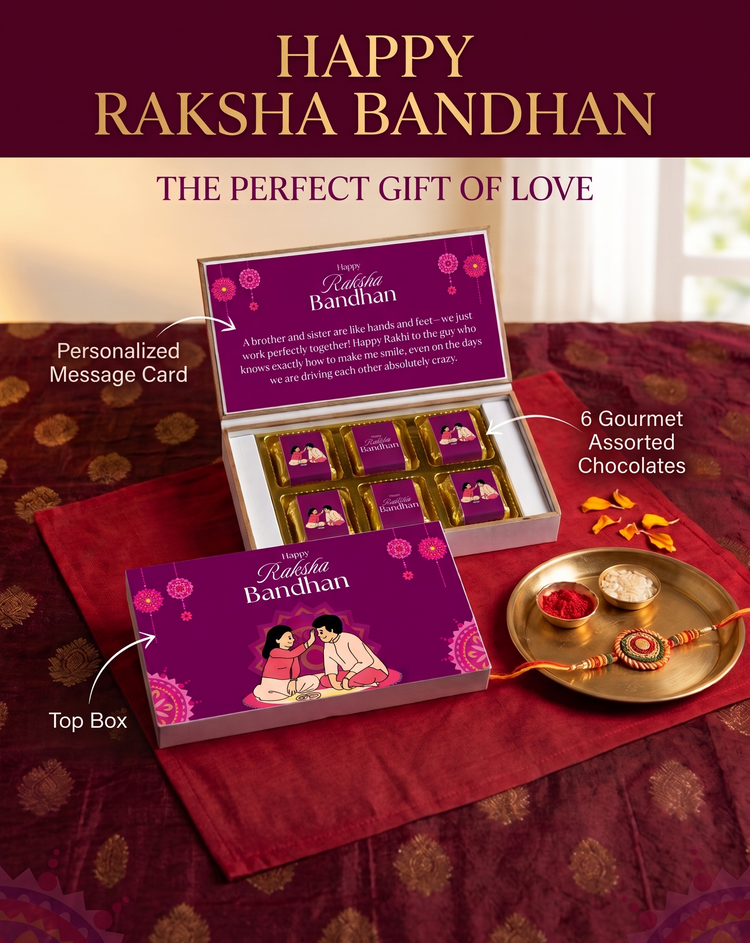 A Raksha Bandhan gift set from Almondzo, featuring a purple personalized top box with an illustrated couple, a matching closed box, an open box containing six gourmet assorted chocolates, and a red silk cloth with a decorative Rakhi on a brass plate. The image includes text callouts and a dark purple header reading 'HAPPY RAKSHA BANDHAN'.